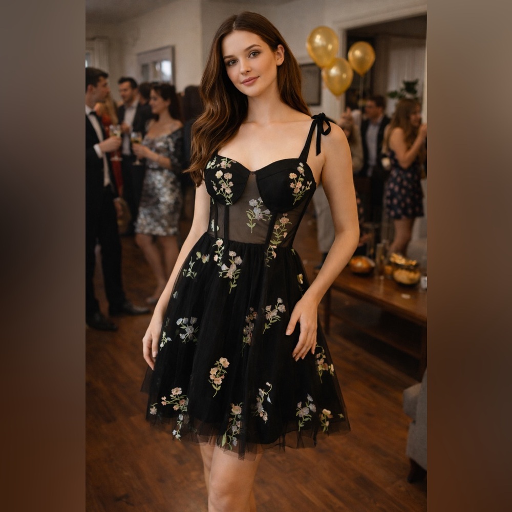 Black Embroidered Tulle Party Dress NWT Size 3/4